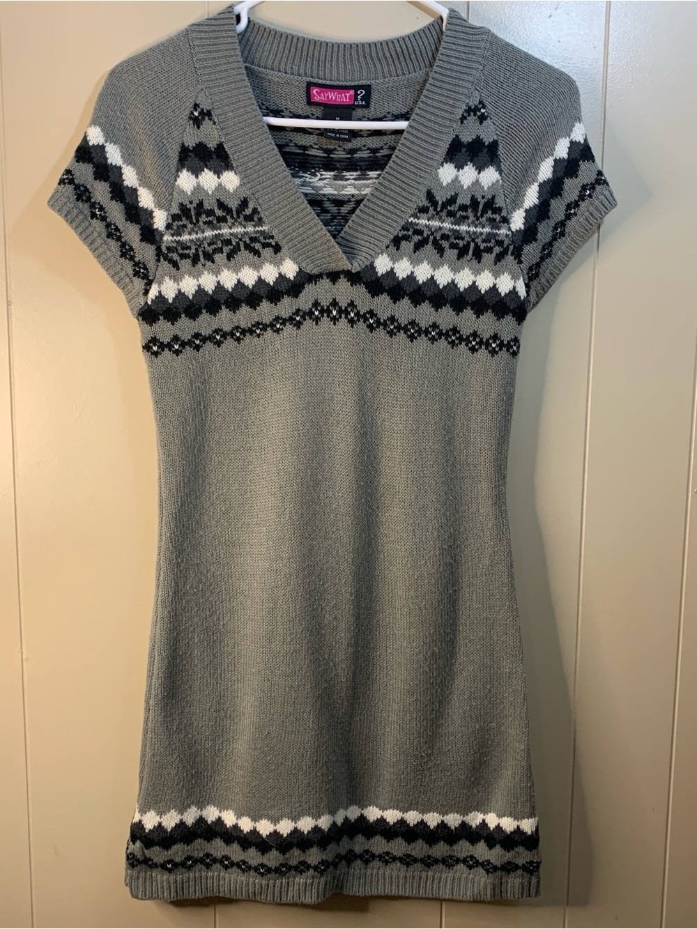 Women’s M Sweater Dress V-Neck in Gray with Fair Isle Trim -